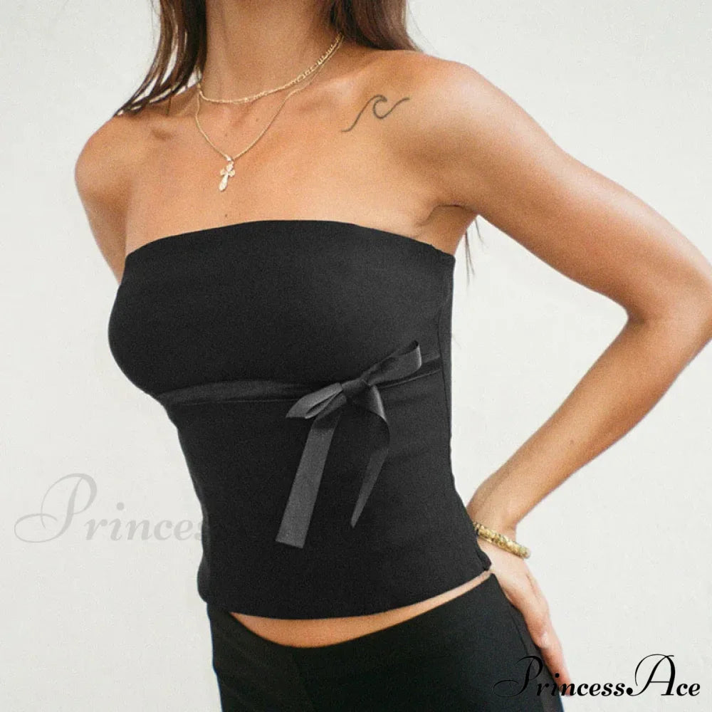 Women 2024 Harajuku Pullover Strapless Bowtie Patchwork Skinny Crops Camisole Shirt Outfits Tank