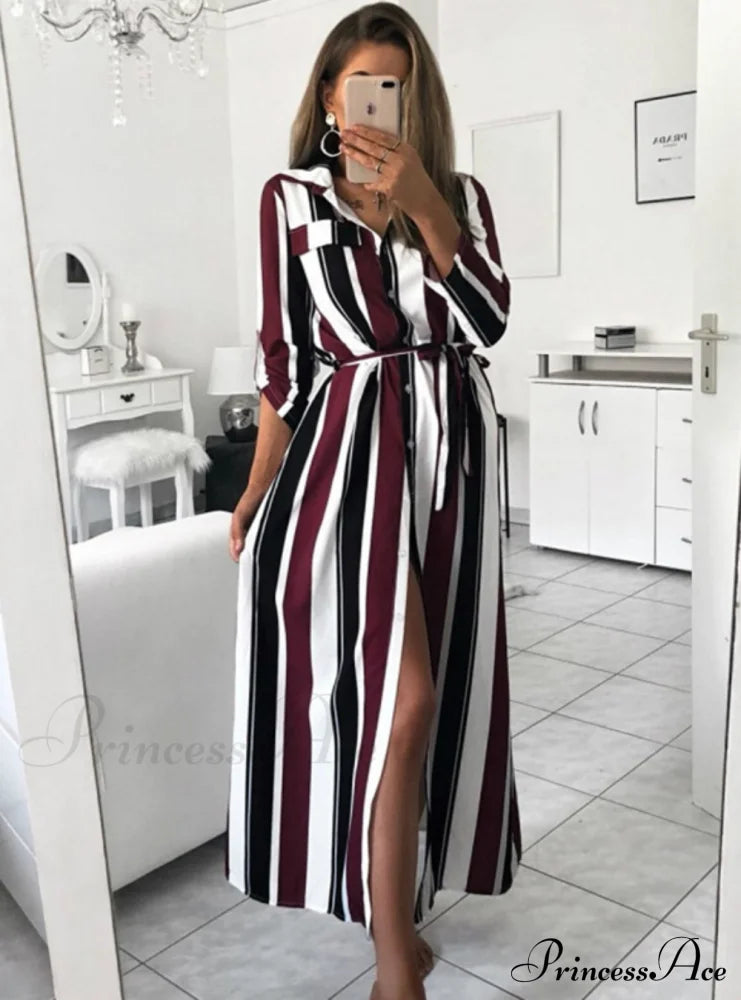 Women Autumn Spring Stripe Maxi Dress - Long Sleeve S / Black Clothing