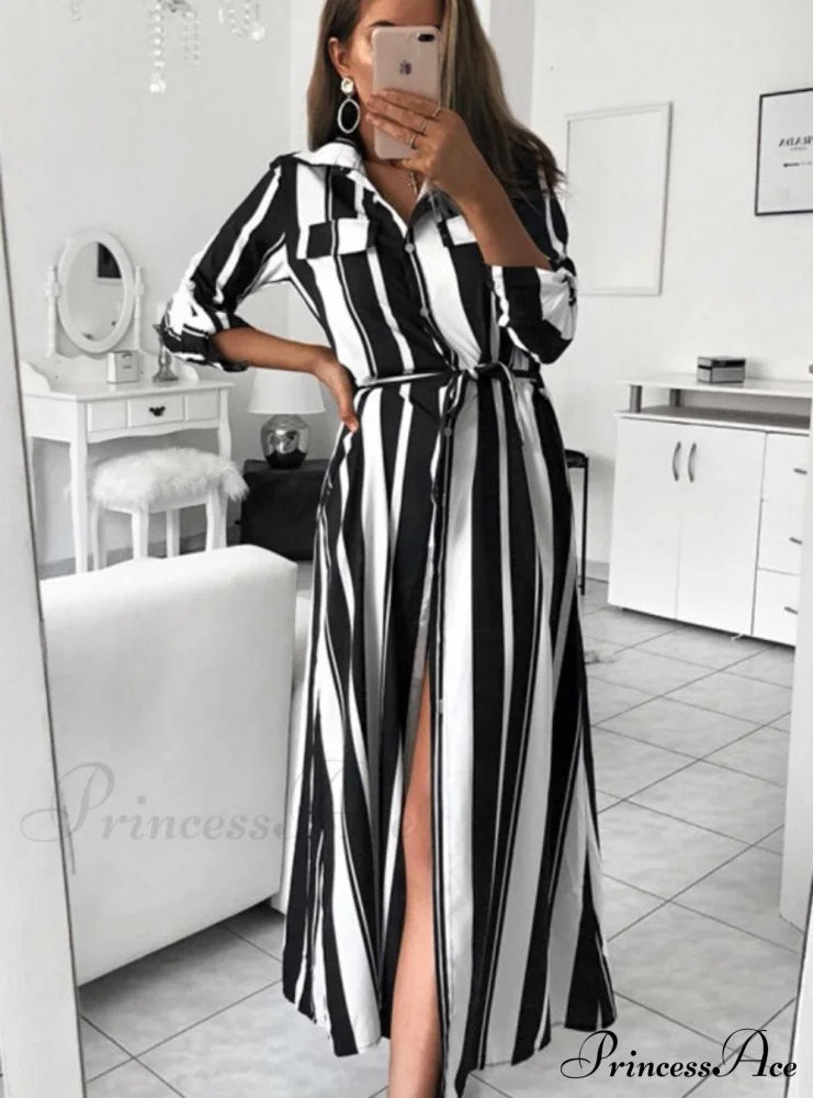 Women Autumn Spring Stripe Maxi Dress - Long Sleeve S / Purple Clothing