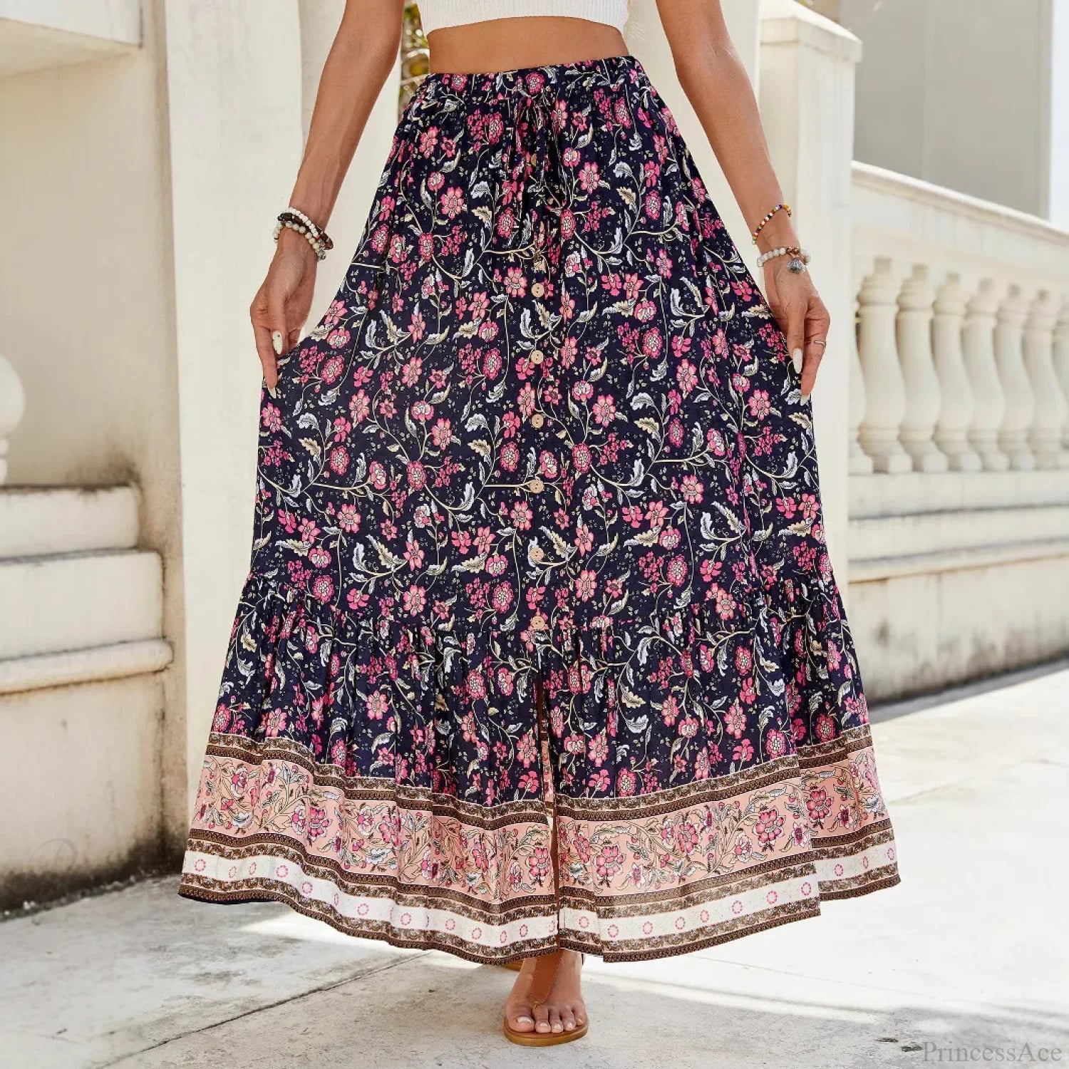 Women Boho Maxi Skirts Button Down Floral A-line Hippie Chic skirt-250126