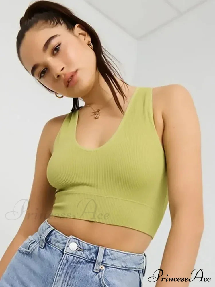 Women Crop V-Neck Seamless Streetwear Knitted Ribbed Fitness Running Elastic Workout Vest Tank Top