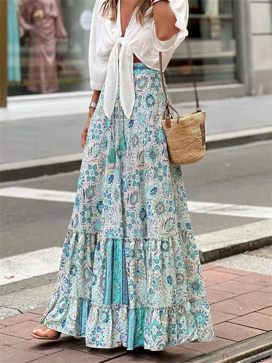 Women Flowy Boho Skirt Printed Ruffled Hem Summer Vacation Club Skirt SKY BLUE1 / S skirt-250126