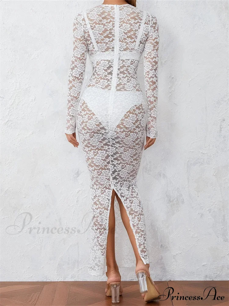 Women Lace Floral See Through Vintage Sleeve Round Neck Solid Back Split Party Female Vestidos