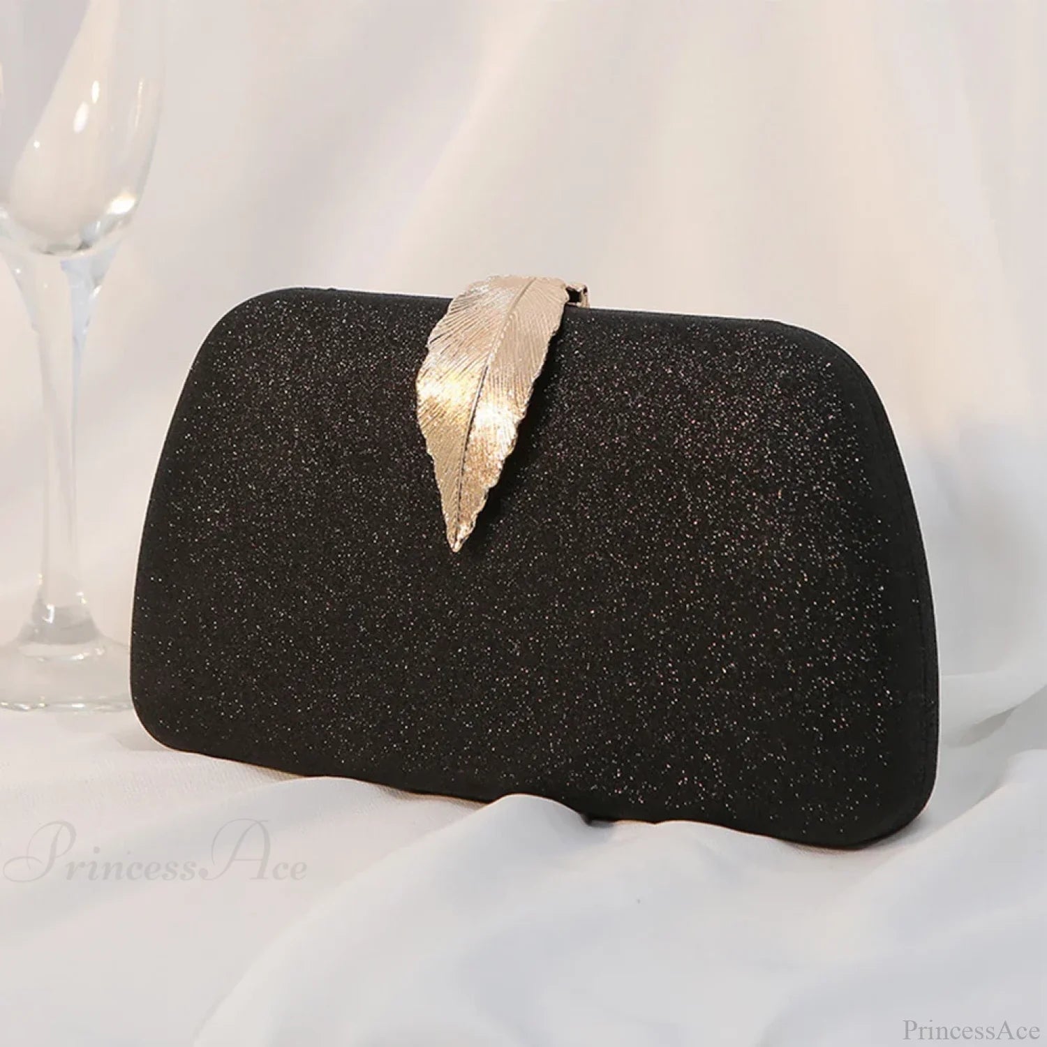 Women Leaf Design Clutch Bag Bling Chain Purse Black clutchbag-250126