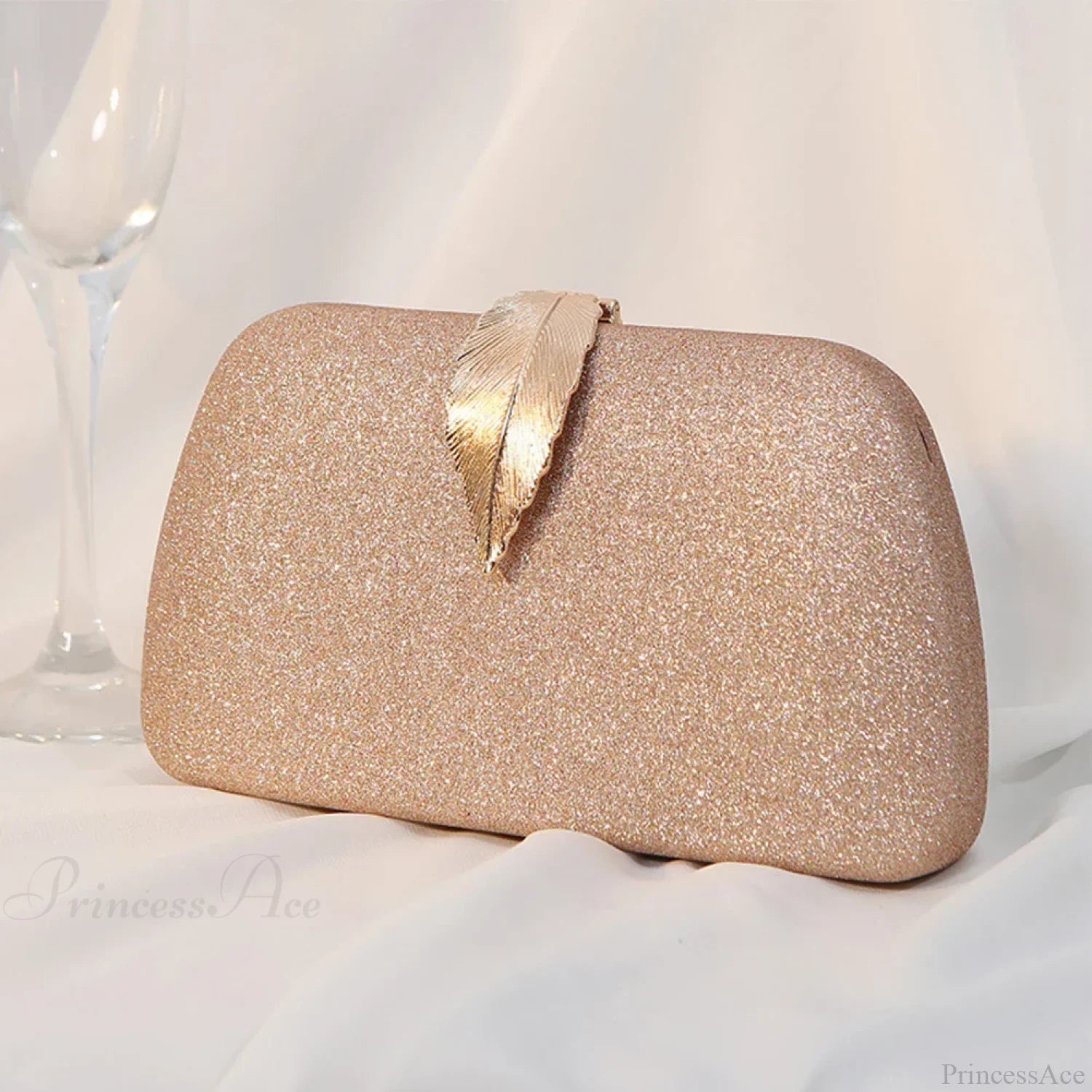 Women Leaf Design Clutch Bag Bling Chain Purse Rose Gold clutchbag-250126