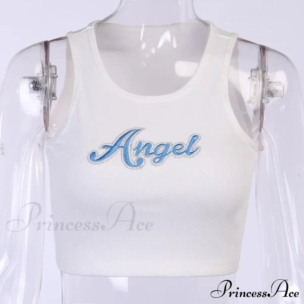 Women Letter Embroidery Vest Summer Sleeveless Crop For Ladies Tank Top White / S