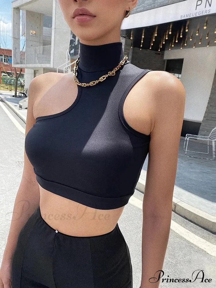 Women Neck Crop With Cut Out Detail Active Asymmetric Tank Top Black / S