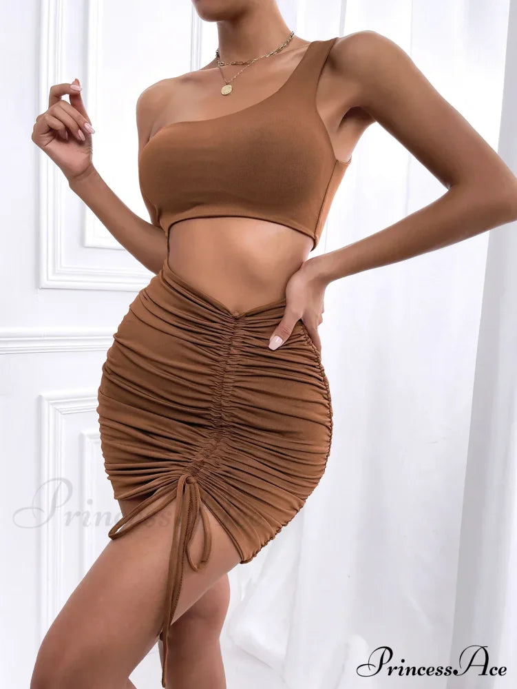 Women One Shoulder Mini Backless Hollow Out Pleated Cut Dress Lightcoffee / Xs