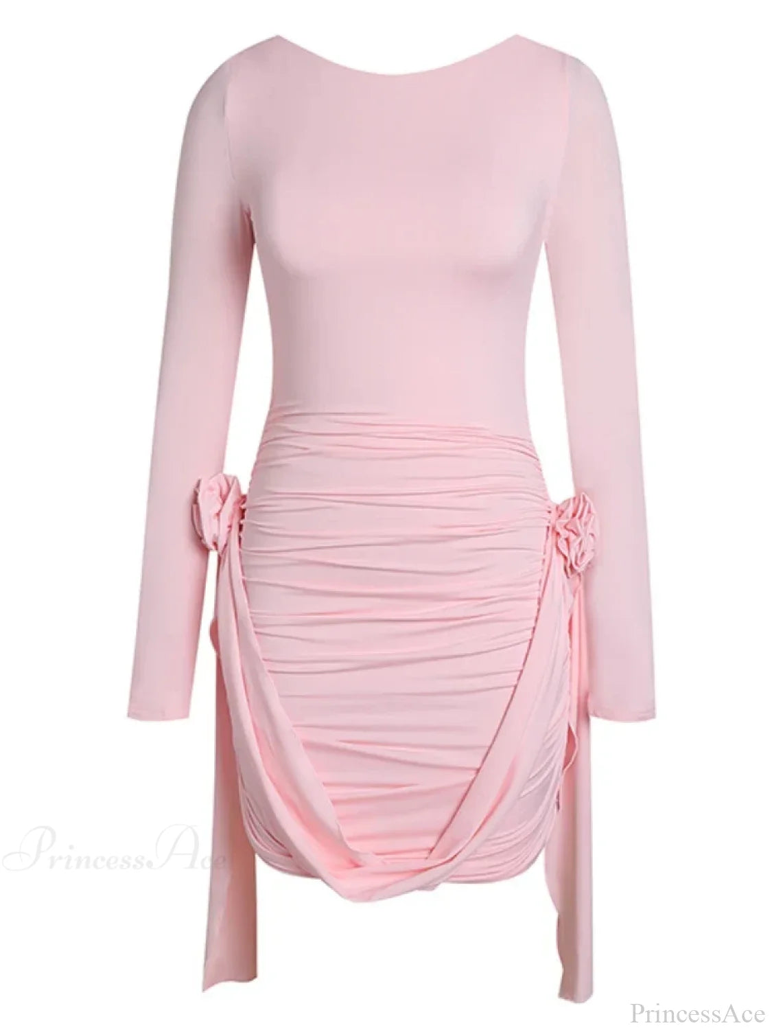Women Pink 3D Floral Draped Mini Bodycon Dress Long Sleeves Christmas Party / S Dresses-L