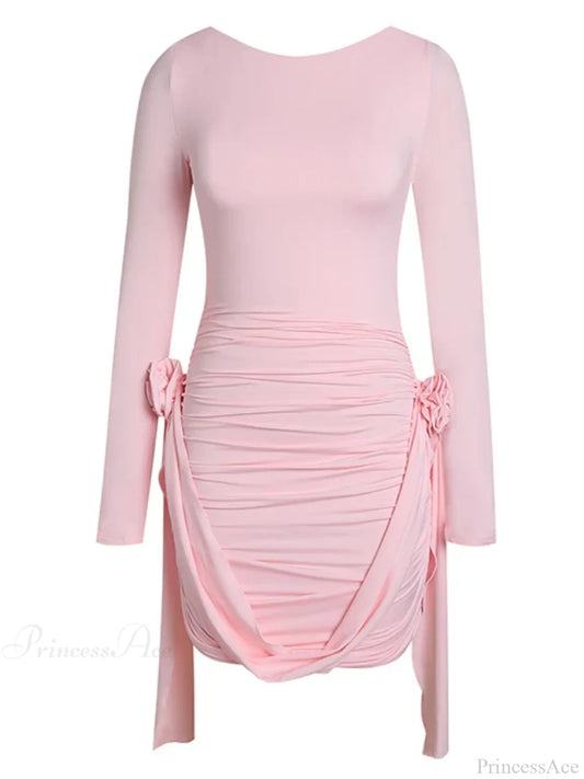 Women Pink 3D Floral Draped Mini Bodycon Dress Long Sleeves Christmas Party / S Dresses-L