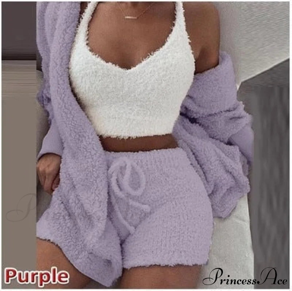 Women Sports Sets Coat + Shorts + Crop Casual Sexy Plush Hooded Top Tracksuit Velvet Outfits