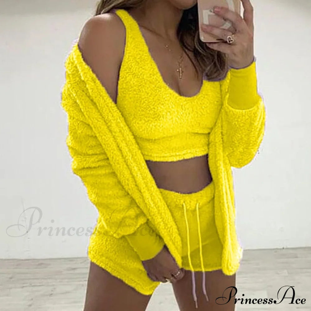 Women Sports Sets Coat + Shorts + Crop Casual Sexy Plush Hooded Top Tracksuit Velvet Outfits