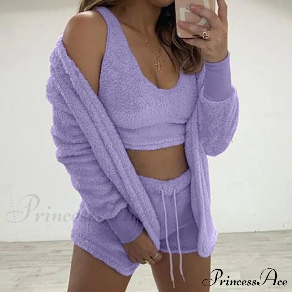 Women Sports Sets Coat + Shorts + Crop Casual Sexy Plush Hooded Top Tracksuit Velvet Outfits