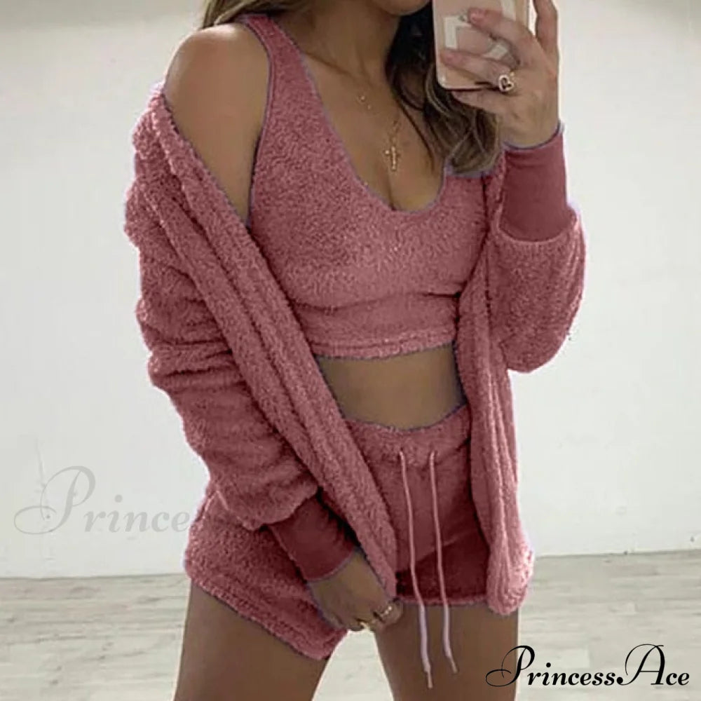 Women Sports Sets Coat + Shorts + Crop Casual Sexy Plush Hooded Top Tracksuit Velvet Outfits