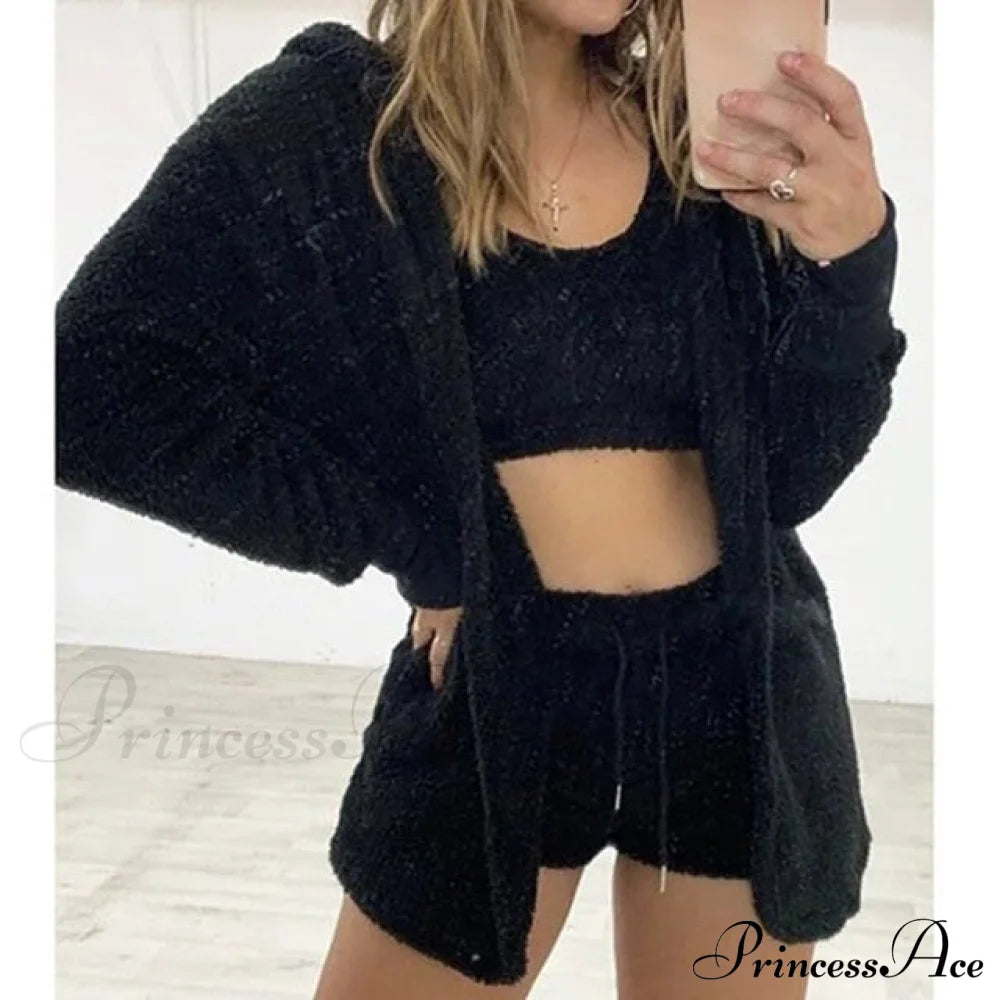 Women Sports Sets Coat + Shorts + Crop Casual Sexy Plush Hooded Top Tracksuit Velvet Outfits
