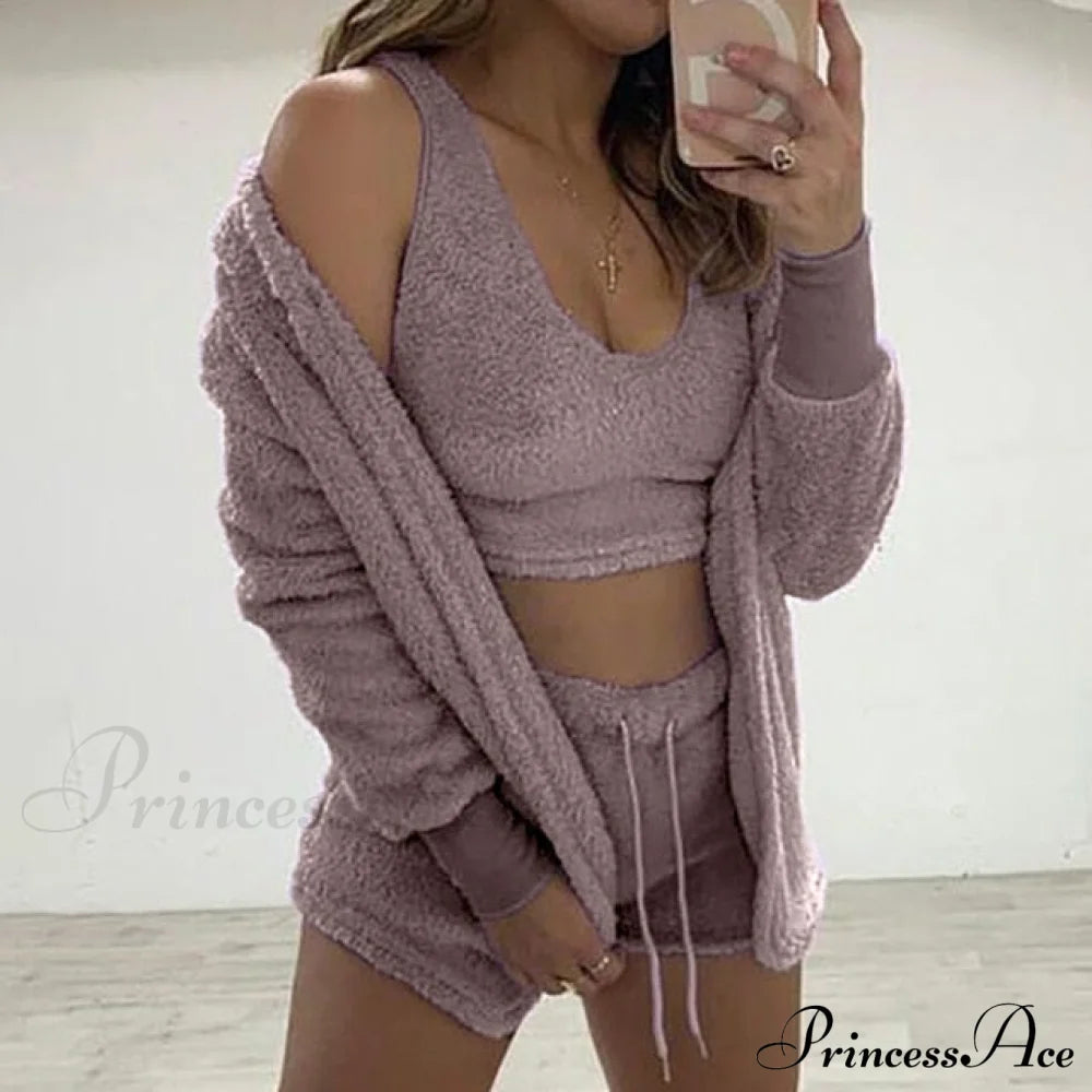 Women Sports Sets Coat + Shorts + Crop Casual Sexy Plush Hooded Top Tracksuit Velvet Outfits