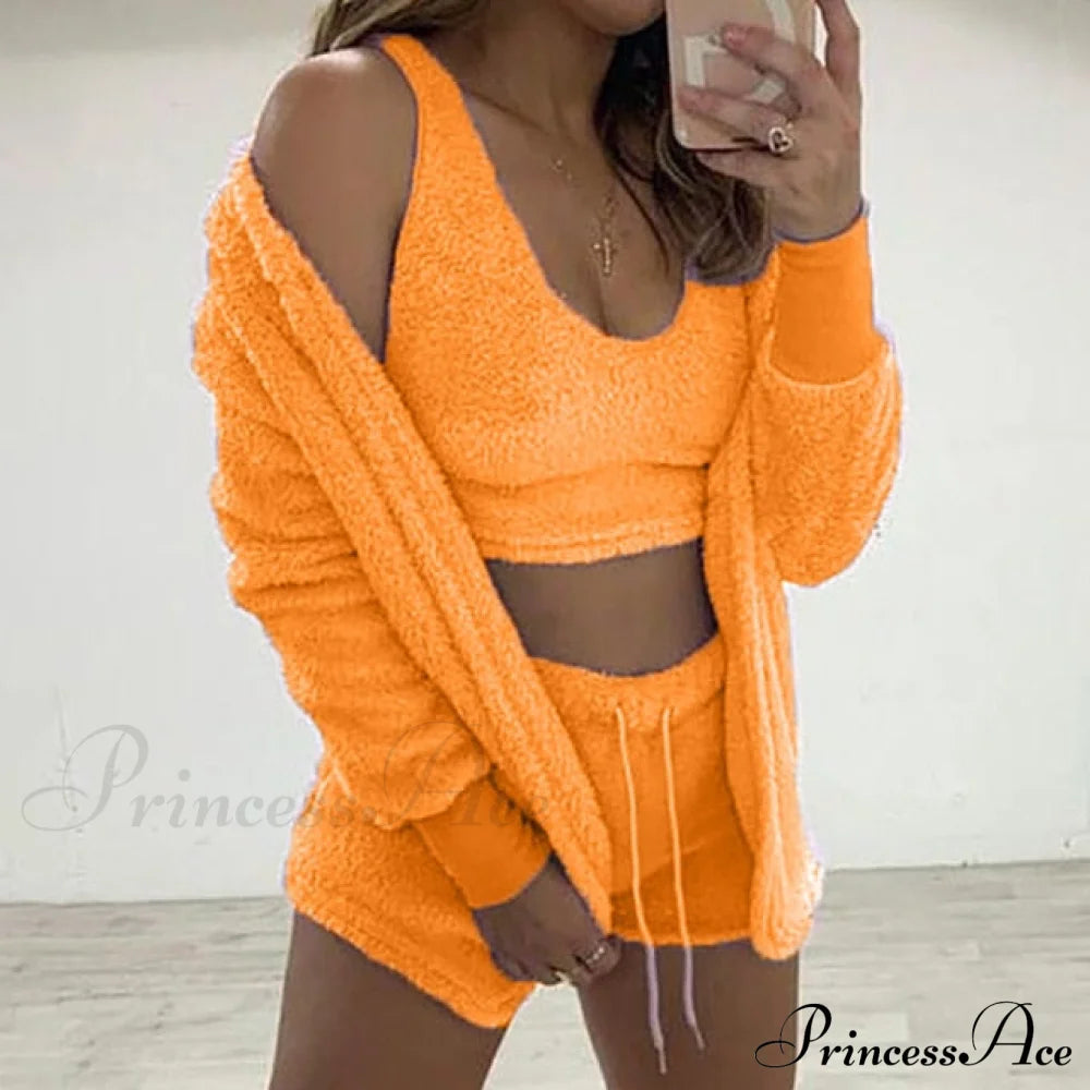 Women Sports Sets Coat + Shorts + Crop Casual Sexy Plush Hooded Top Tracksuit Velvet Outfits