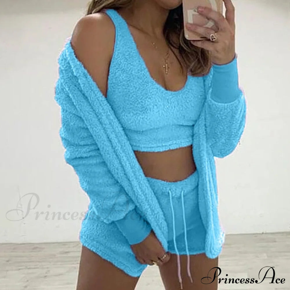 Women Sports Sets Coat + Shorts + Crop Casual Sexy Plush Hooded Top Tracksuit Velvet Outfits