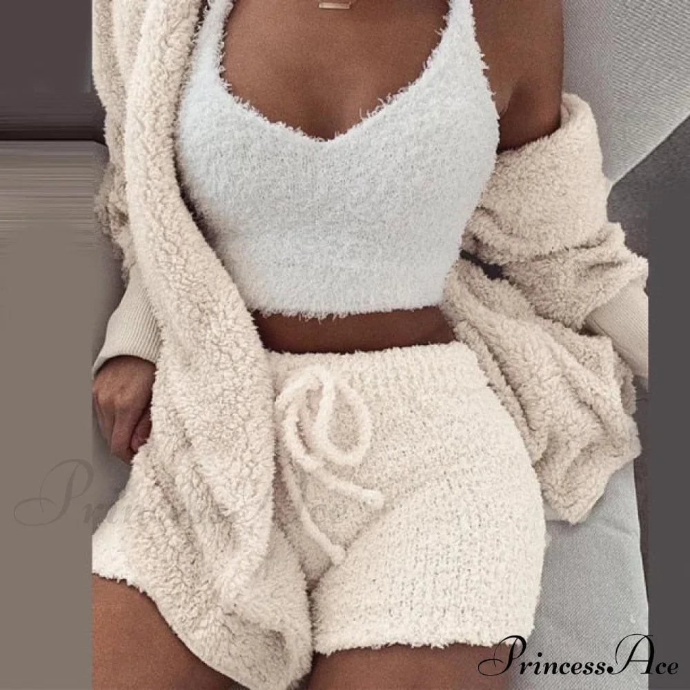 Women Sports Sets Coat + Shorts + Crop Casual Sexy Plush Hooded Top Tracksuit Velvet Outfits