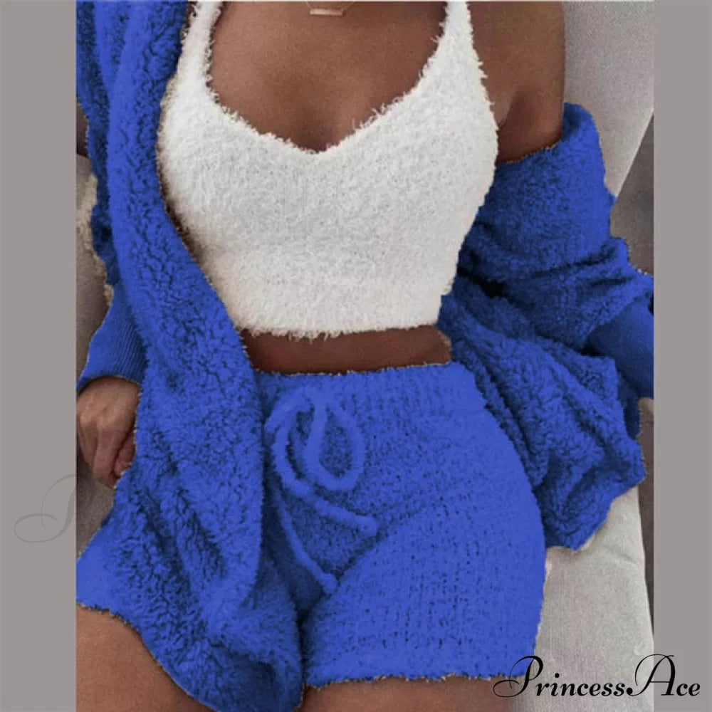 Women Sports Sets Coat + Shorts + Crop Casual Sexy Plush Hooded Top Tracksuit Velvet Outfits