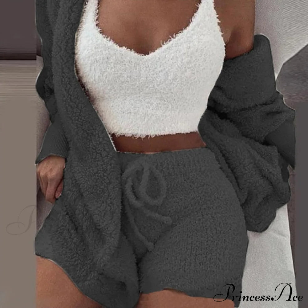 Women Sports Sets Coat + Shorts + Crop Casual Sexy Plush Hooded Top Tracksuit Velvet Outfits