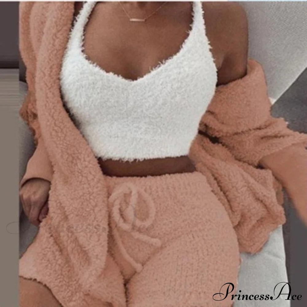 Women Sports Sets Coat + Shorts + Crop Casual Sexy Plush Hooded Top Tracksuit Velvet Outfits