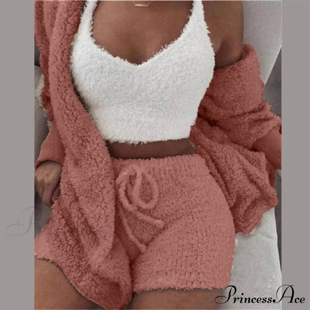 Women Sports Sets Coat + Shorts + Crop Casual Sexy Plush Hooded Top Tracksuit Velvet Outfits