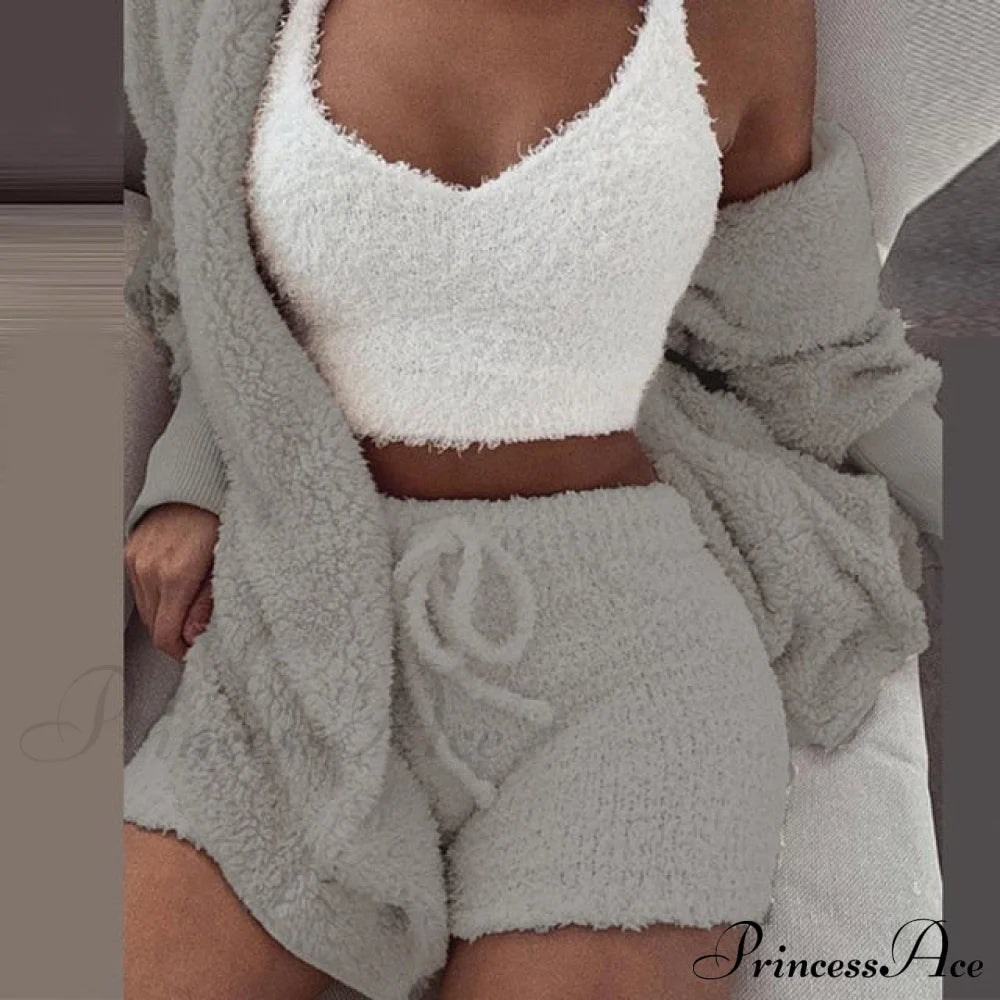 Women Sports Sets Coat + Shorts + Crop Casual Sexy Plush Hooded Top Tracksuit Velvet Outfits