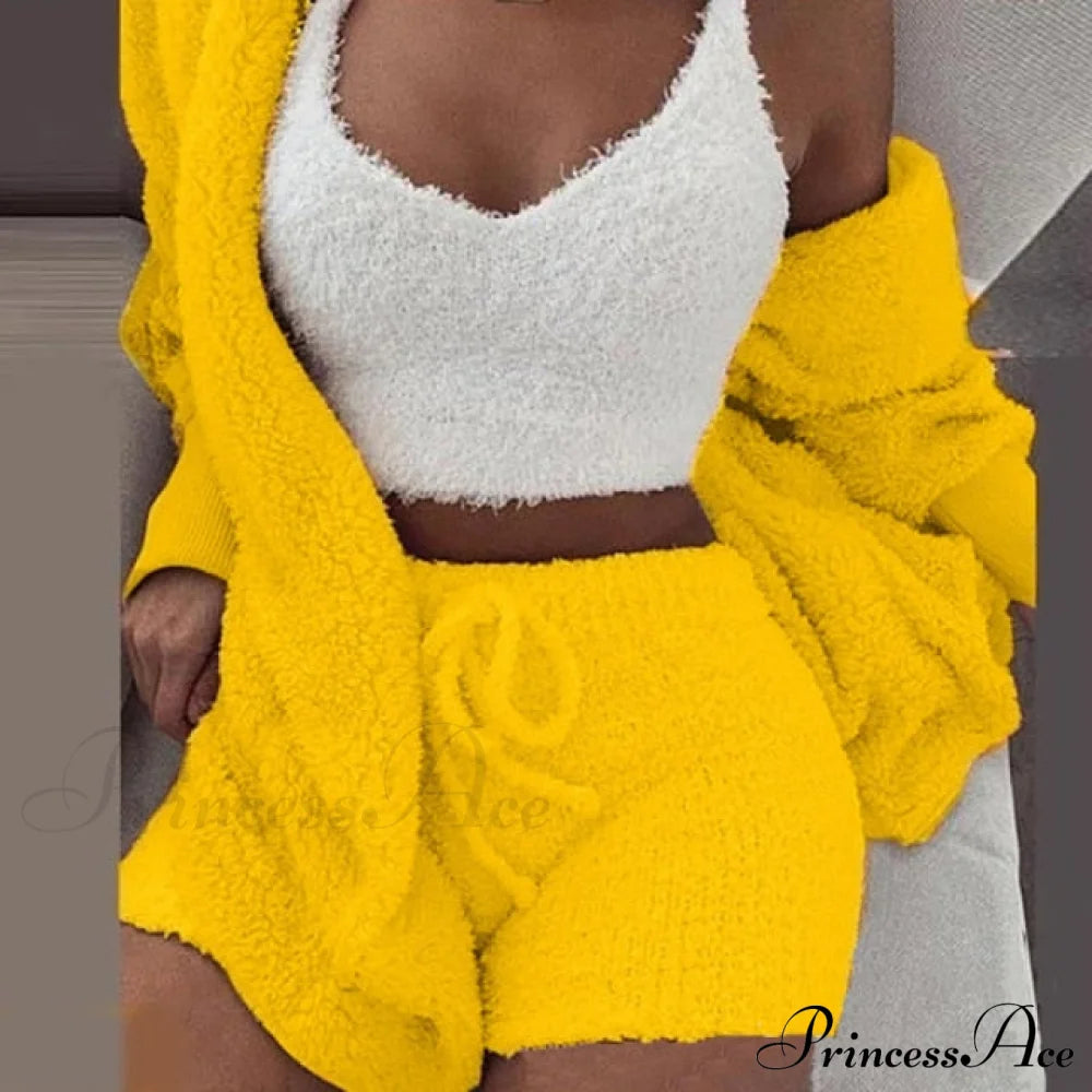 Women Sports Sets Coat + Shorts + Crop Casual Sexy Plush Hooded Top Tracksuit Velvet Outfits