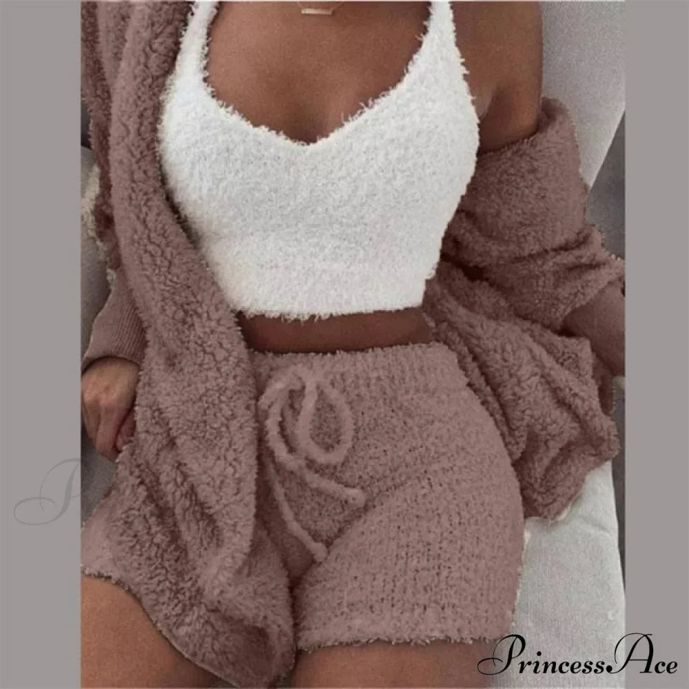 Women Sports Sets Coat + Shorts + Crop Casual Sexy Plush Hooded Top Tracksuit Velvet Outfits