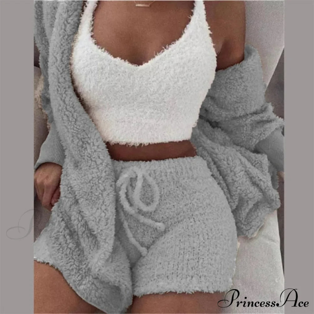Women Sports Sets Coat + Shorts + Crop Casual Sexy Plush Hooded Top Tracksuit Velvet Outfits