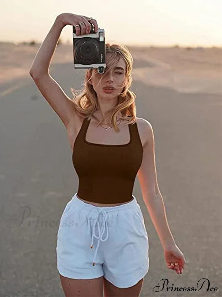 Women Square Neck Ribbed Camisole Summer Basic Elastic Sleeveless Crops Tank Top