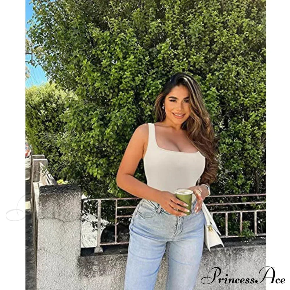 Women Square Neck Ribbed Camisole Summer Basic Elastic Sleeveless Crops Tank Top Apricot / S