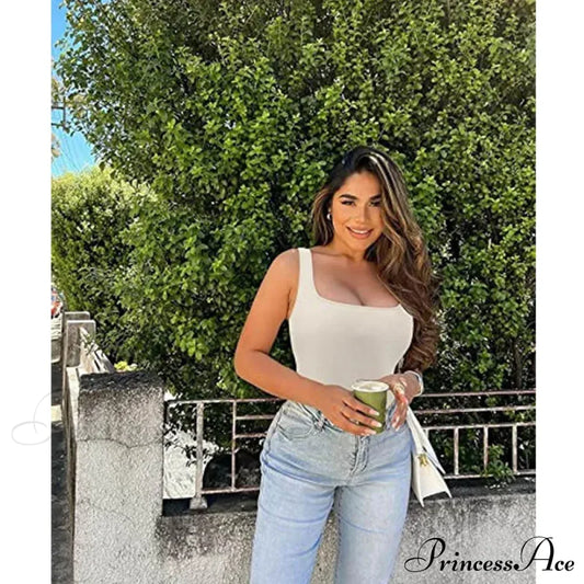 Women Square Neck Ribbed Camisole Summer Basic Elastic Sleeveless Crops Tank Top Apricot / S