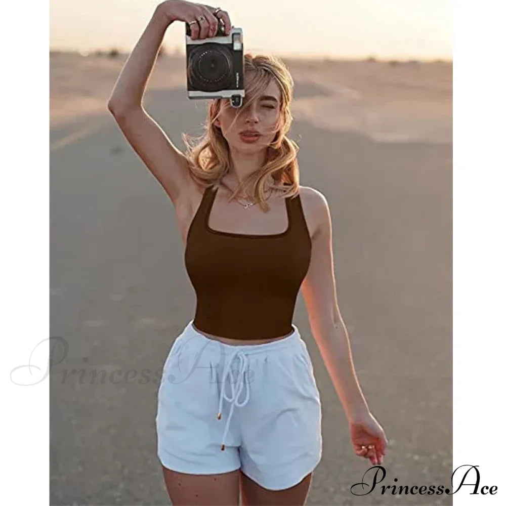 Women Square Neck Ribbed Camisole Summer Basic Elastic Sleeveless Crops Tank Top Coffe / S