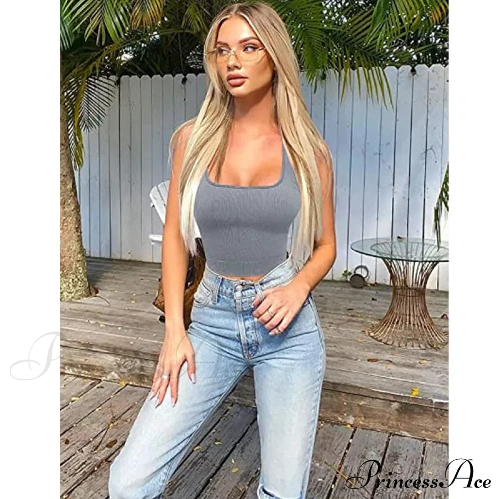 Women Square Neck Ribbed Camisole Summer Basic Elastic Sleeveless Crops Tank Top Gray / S
