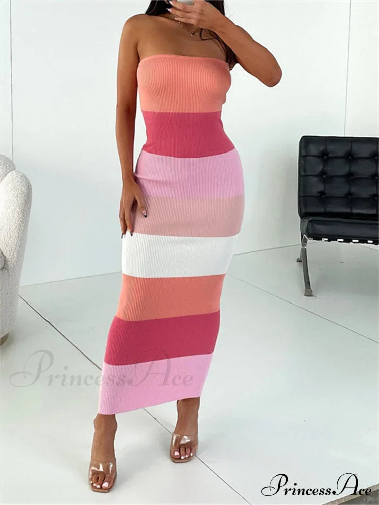 Women Summer Strapless Knitted Ribbed Female Sexy Vestidos Sleeveless Off Shoulder Striped Outfits