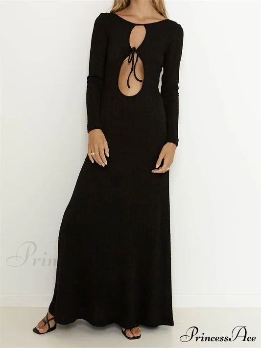 Women Vintage Elegant Sleeve Front Cutout Tie-Up Solid Color Party Autumn Vestidos Black / S