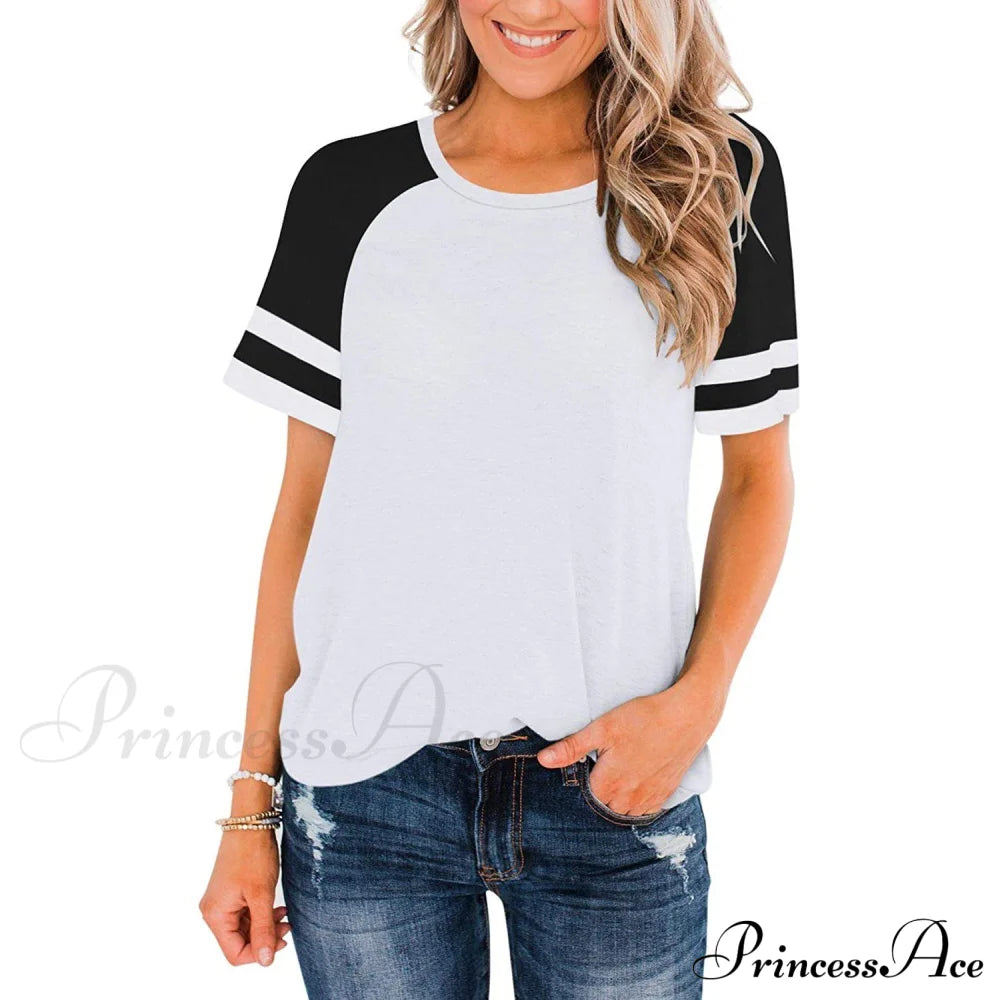 Womens Short Sleeve Shirts Crew Neck Color Block White __stock:200 clothes refund_fee:800 tops