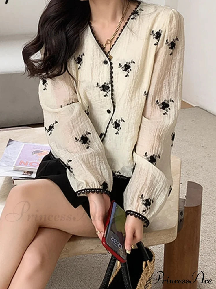 Women’s Button Blouse Up 2024 V Spring Neck Long Arm Patterned Casual Top