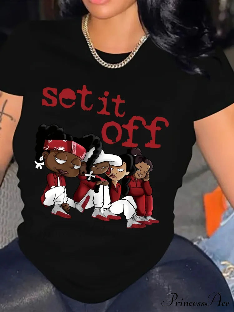 Women’s Cartoon Mid-Elastic Easy Care All-Season Crew Neck Top T-Shirt Black / S