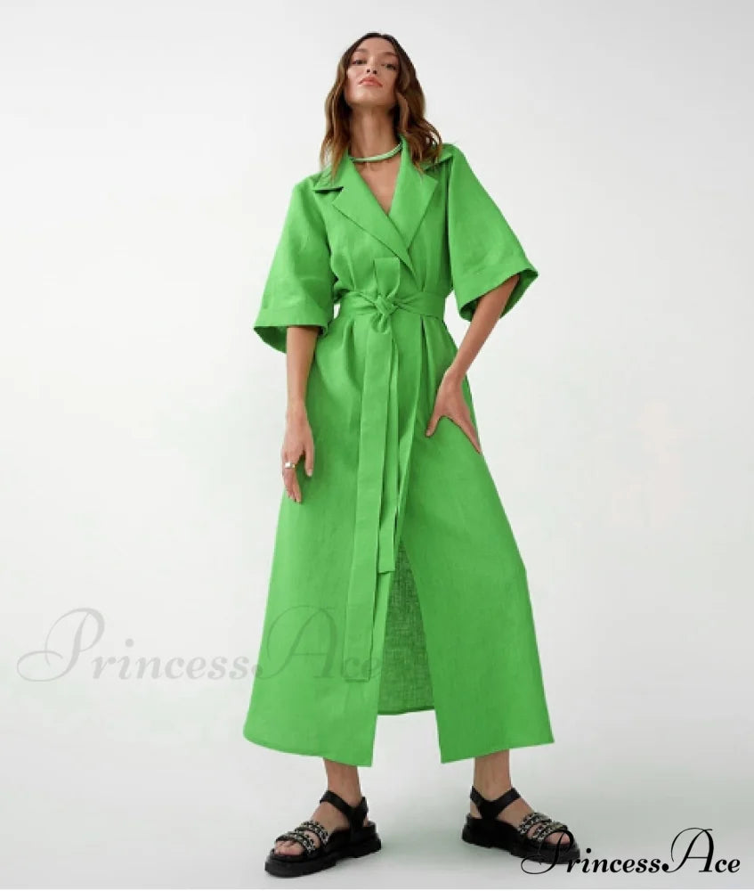 Women’s Casual Loose Half Sleeve Cotton Linen Office Blazers Dress M / Green Dresses