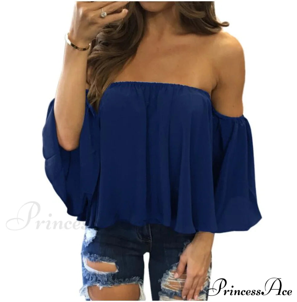 Women’s Chiffon Off Shoulder - Warm-Season Top Coastal Strapless T-Shirt 5Xl Dark Bule / Xs