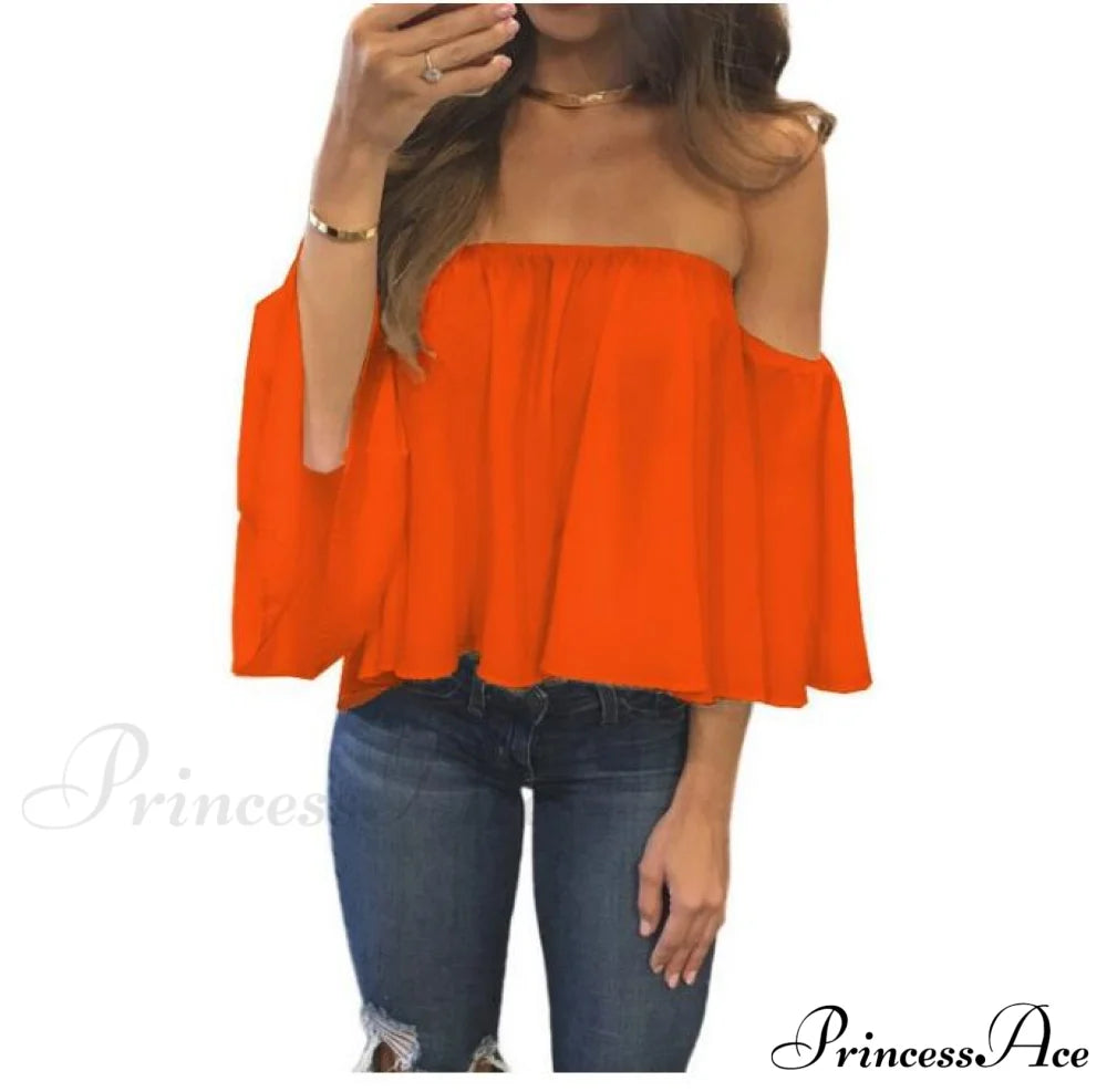 Women’s Chiffon Off Shoulder - Warm-Season Top Coastal Strapless T-Shirt 5Xl Orange / Xs