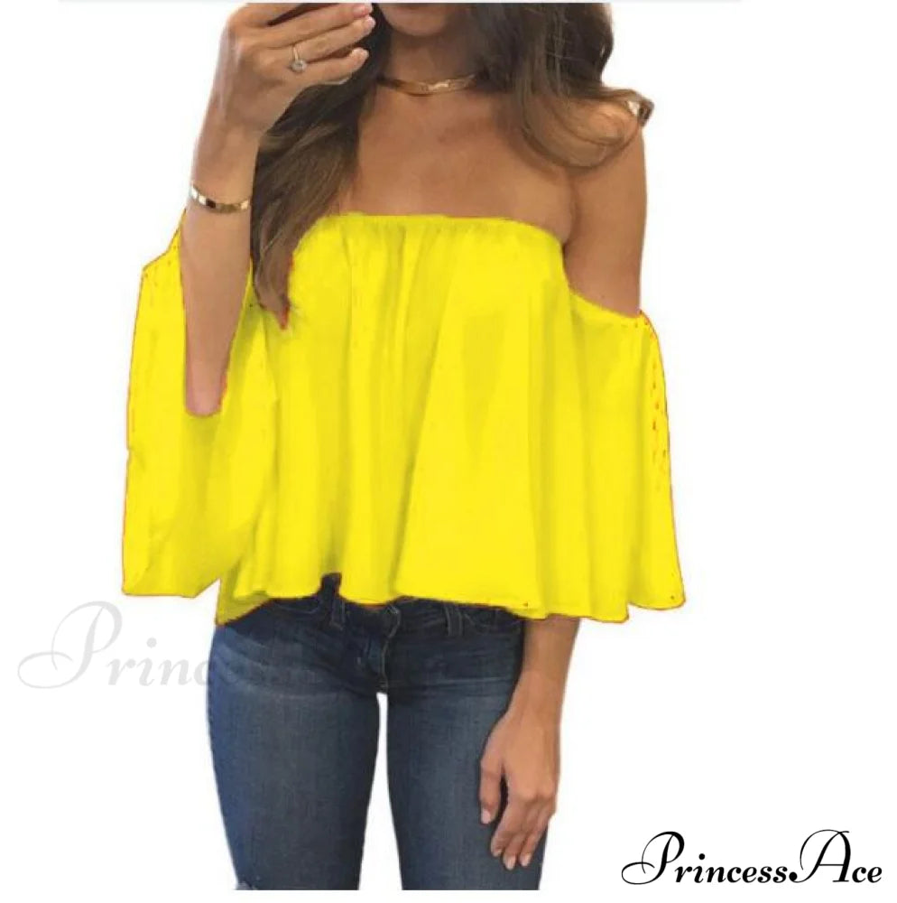 Women’s Chiffon Off Shoulder - Warm-Season Top Coastal Strapless T-Shirt 5Xl Yellow / Xs