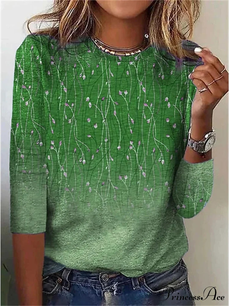 Women’s Design Flowered Festive Long Blue Arm Weekend Casual - T-Shirt Painting Green / S