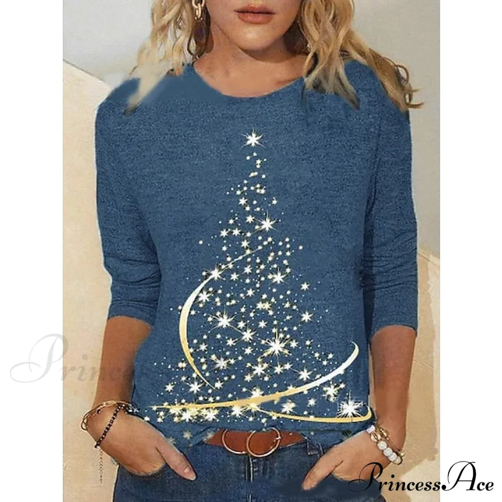 Women’s Design Neck Round Festive Long Red Flowered Peacock Green Arm Tree Christmas Casual Blue