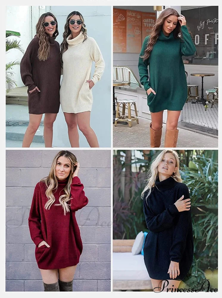 Women’s Loose Turtleneck Oversize Long Pullover Sweater Dress Sweaters-L