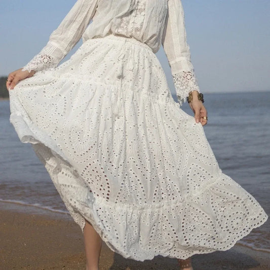 Women’s Summer Cotton Full Lace Midi Skirt A-line Boho Vacation