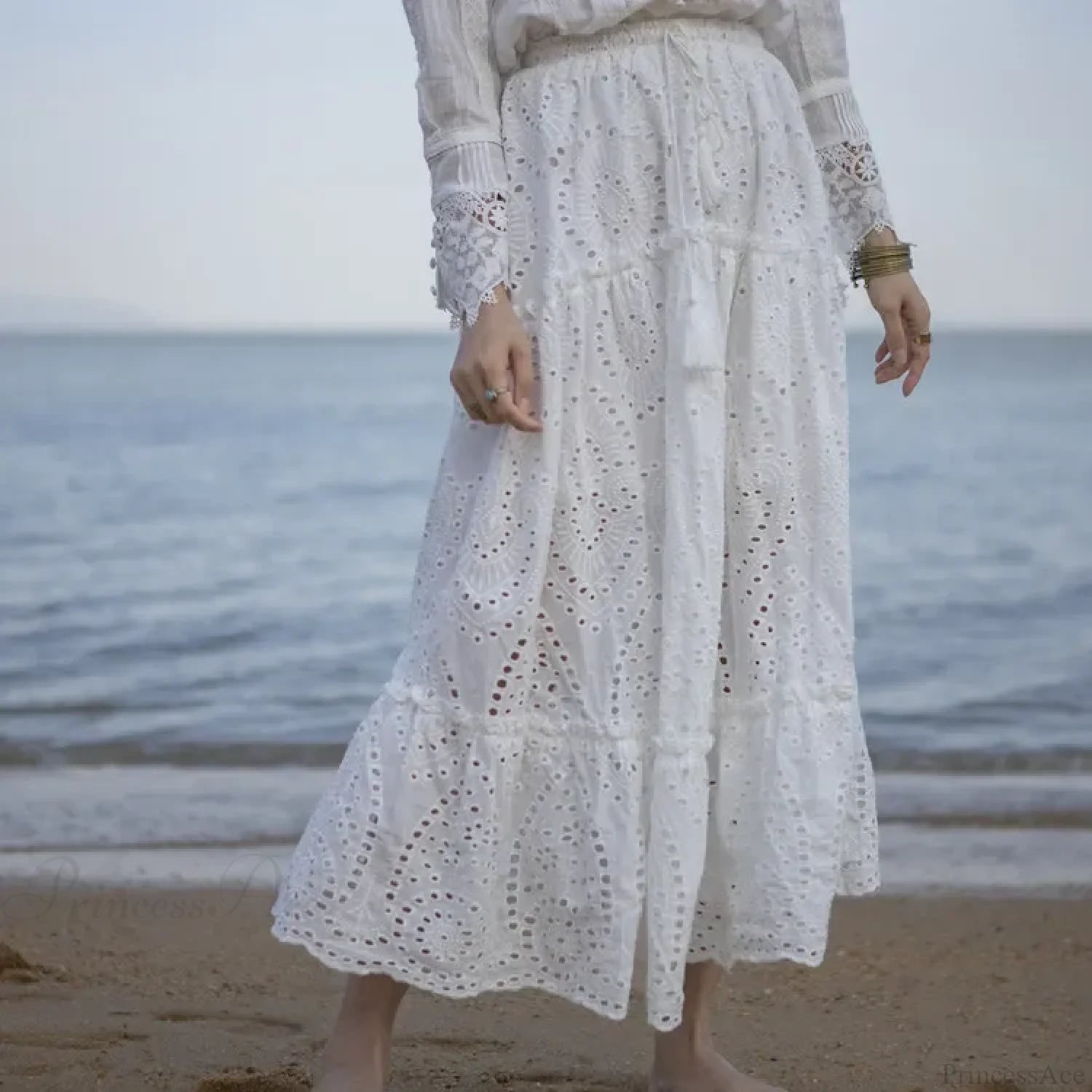 Women’s Summer Cotton Full Lace Midi Skirt A-line Boho Vacation